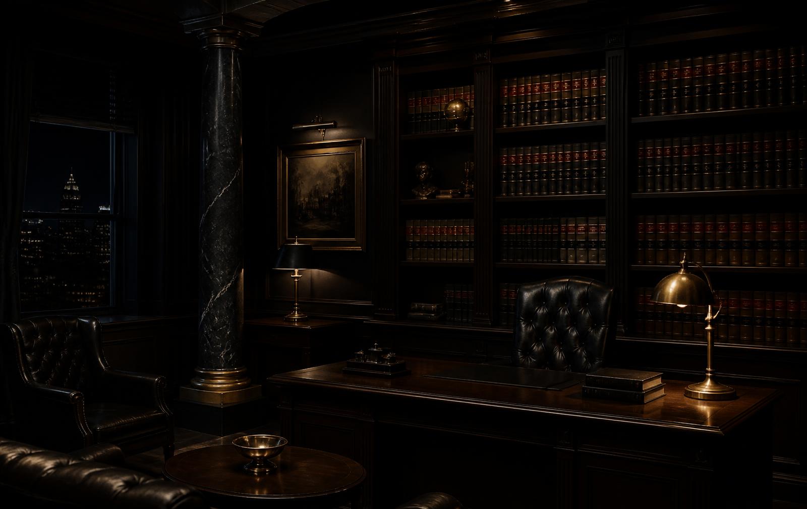 Interior sóbrio de escritório de advocacia com estante de livros jurídicos